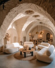 a white interior with three sofas in the shape of marshmallows, a round coffee table made from oak wood and dark metal legs and stone ceilings 