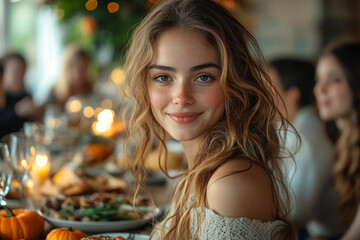 Generative AI portrait of happy big family Thanksgiving dinner table surrounded by multigenerational relatives at cozy home