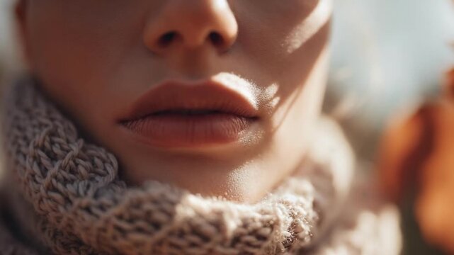 Close-up of lips framed by a chunky knit scarf, with soft sunlight and blurred autumn leaves in the background.