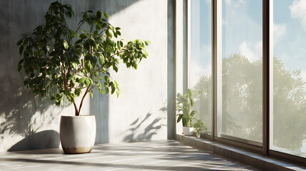 Fototapeta premium Indoor plant setup by large window modern interior sunlight