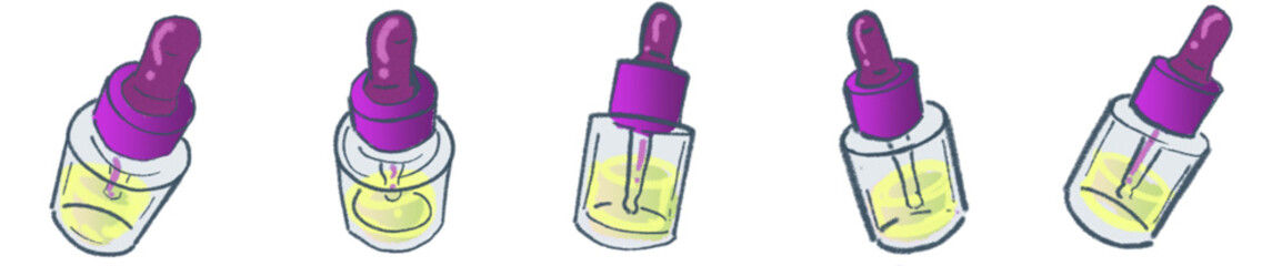 Skincare Dropper Bottle Illustration Set &ndash; Cute Cosmetic Serum and Essential Oil Bottle Vector for Beauty Branding and Packaging Design