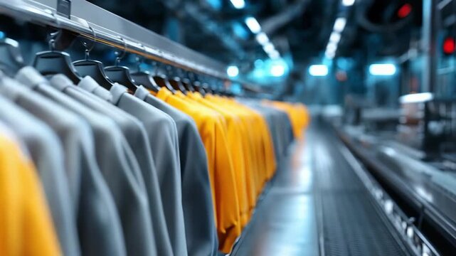 Rows of yellow garments on hangers along a garment factory production line.