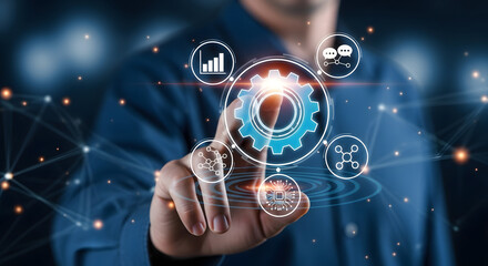 Man's hand interacting with a digital interface showcasing automation and data flow