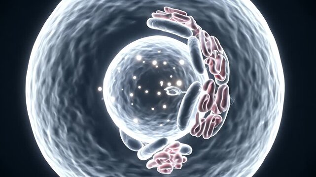 Microscopic Cell Structure Animation with Blue and Red Elements on a Black Background