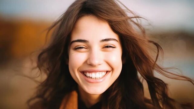 A smiling young woman with long brown hair outdoors on a windy day.