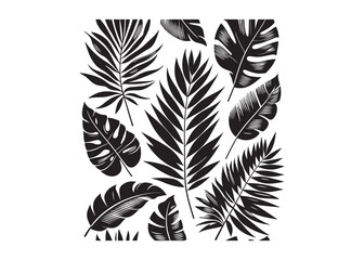 tropical leaves seamless pattern logo silhouette vector, jungle leaves silhouette vector illustration, seamless pattern with black tropical leaves logo silhouettes vector on a white background