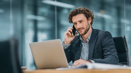 businessman talking on the phone while working with a laptop in the office.
