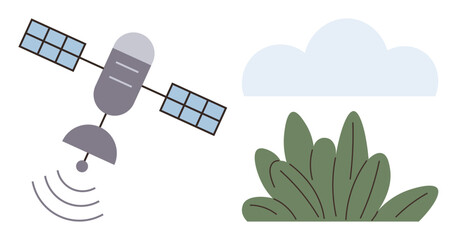 Satellite emitting signals toward green vegetation under a soft cloud. Ideal for technology, nature tracking, climate monitoring, GPS navigation, ecology, communication, and sustainability. Simple