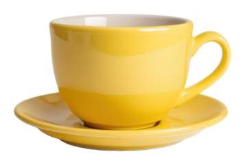 Bright yellow coffee cup on saucer product isolated on transparent background