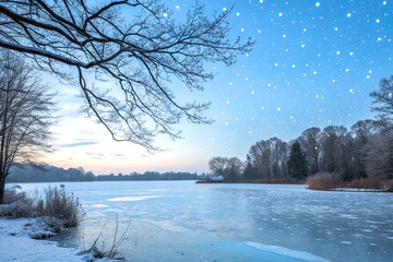Blue sky with white polka dot snowflakes over frozen winter pond