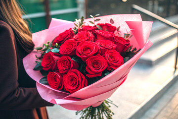 Bouquet of red roses in pink wrapper with vibrant cinematic light