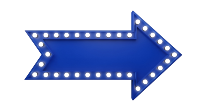 Bright Blue Marquee Arrow Sign with Glowing Bulbs, Pointing Right. Retro Illuminated Directional Indicator for Events, Promotions, and Digital Design on Isolated White Background.