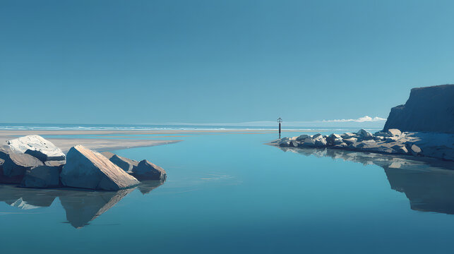 Minimal coastal scene calm water photorealistic --ar 169 --qu