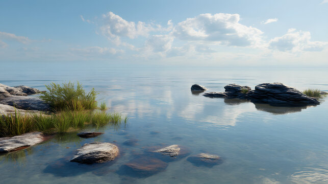 Minimal coastal scene calm water photorealistic --ar 169 --qu