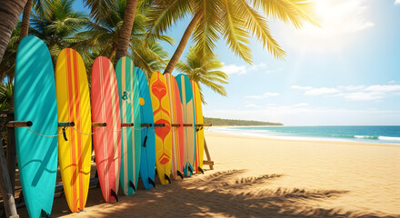 Vibrant surfboards lined up on a sunny tropical beach with palm trees and ocean waves.