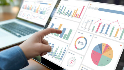 Person's hand pointing at a tablet screen displaying colorful financial data dashboards and charts image
