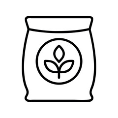 Simple line art icon of a bag of fertilizer with a leaf symbol for agriculture and gardening