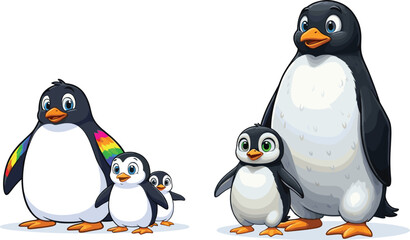 Fototapeta premium Cartoon penguin families with rainbow feathers and cheerful expressions, cute arctic birds vector illustration for children’s content, decor, and education