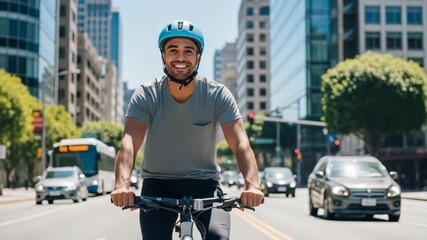 Happy young man cycling on a city street. Smiling commuter riding a bicycle with a helmet in downtown. Active urban lifestyle and sustainable transportation concept