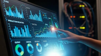 A person interacts with a futuristic business intelligence dashboard. Finger touching a success graph showing financial growth and data analysis. Modern technology and innovation concept - Powered by Adobe