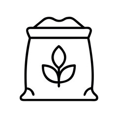 Simple line art icon of a bag filled with soil and a sprout symbolizing growth