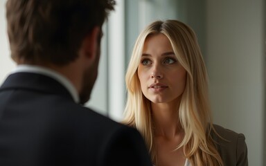 A woman with long blonde hair is looking at a man. High quality