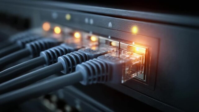Multiple Ethernet cables plugged into a network switch with glowing status LEDs.