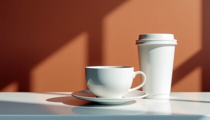 coffee cup mockup with paper takeout cup on white table against warm wall. minimal branding concept for cafe identity presentation.