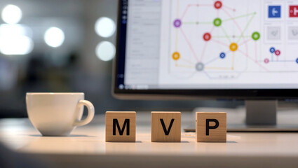 Wooden cubes with black letters forming MVP acronym placed near coffee cup on office desk, blurred computer screen showing colorful workflow diagram. Business project concept.