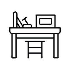 Simple line art illustration of a desk with computer and chair for workspace concepts