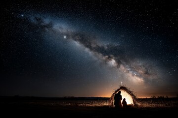 Silhouette of Mary and Joseph kneeling by the glowing baby Jesus in a humble hay stable under a dark, dramatic, and star-filled night sky.