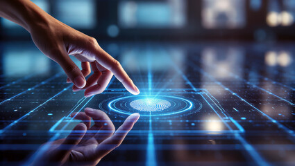 Close-up of hand interacting with glowing digital fingerprint lock hologram, futuristic interface on dark background with neon reflections; concept of modern biometric data protection
