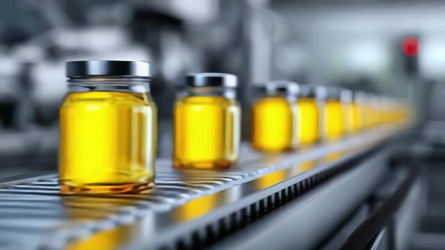 Jars of honey on a production line conveyor belt.