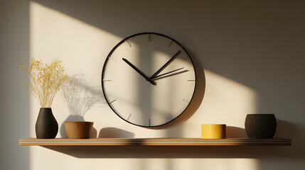 Modern decorative clock on wall shelf sunlight minimalistic