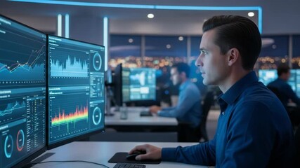 Professional data analyst working on a computer with multiple monitors. Man monitoring financial charts and stock market data in a modern office. Business intelligence and fintech concept - Powered by Adobe