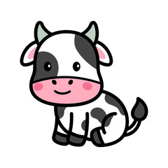 Adorable Cow Cartoon Doodle with Black and White Spots on Transparent Background, Cute Animal Illustration with Pink Cheeks and a Simple Smiling Expression