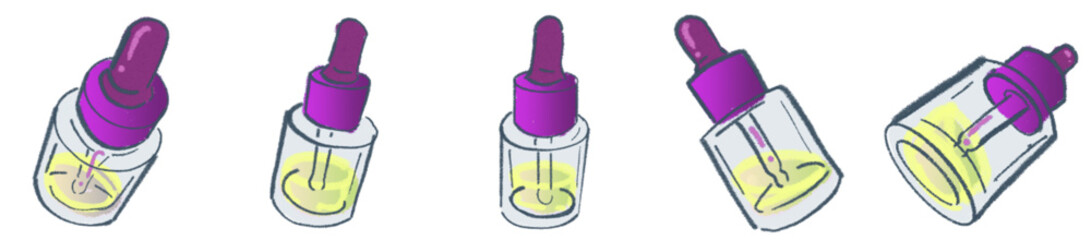 Skincare Dropper Bottle Illustration Set &ndash; Cute Cosmetic Serum and Essential Oil Bottle Vector for Beauty Branding and Packaging Design