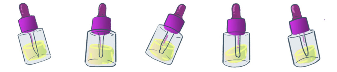 Skincare Dropper Bottle Illustration Set &ndash; Cute Cosmetic Serum and Essential Oil Bottle Vector for Beauty Branding and Packaging Design