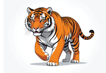 Fototapeta premium A magnificent tiger with bold stripes and a fierce gaze walks forward with confidence, showcasing its powerful physique in a detailed illustration