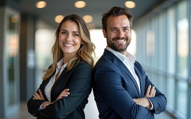 Two successful businesspeople standing back to back with arms crossed and smiling at camera, posing in modern office. High quality