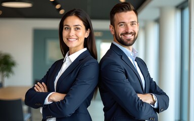 Two successful businesspeople standing back to back with arms crossed and smiling at camera, posing in modern office. High quality