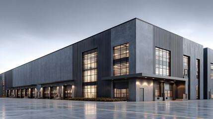 Fototapeta premium Modern industrial warehouse exterior clean lines bright