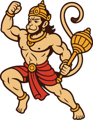 Heroic Hanuman Monkey God With Mace, Crown, Red Sash, and Muscular Pose for Dynamic, Cultural Stock Image