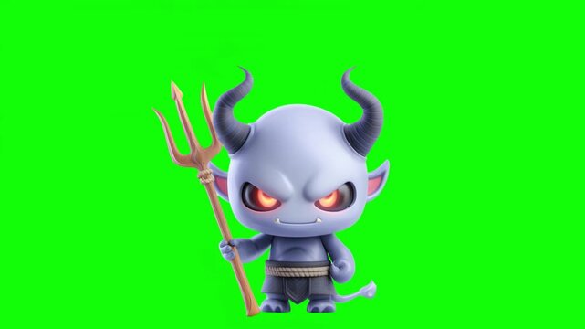 Happy halloween, cute chibi devil 3d character holds a trident against a green background seamless looping video motion 4k, perfect for gaming, Horror themes, or playful illustrations