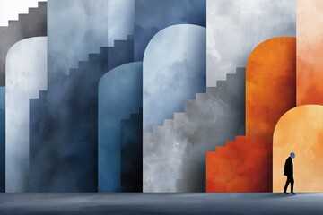 Abstract illustration of a small man in a suit walking past large, colorful arched structures and staircases, symbolizing life choices, challenges, and architectural exploration.