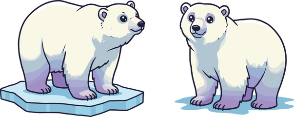 Cartoon polar bears on ice and snow, stylized winter animals, friendly character illustration, vector art for education and entertainment use