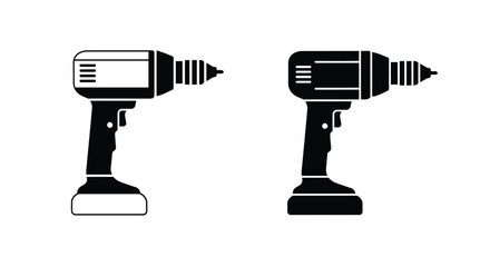 Two black and white illustrations of cordless power drills side by side