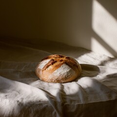 Photo of freshly baked bread on linen cloth bright morning li