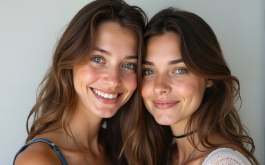 Young european two women posing and looking at camera. High quality
