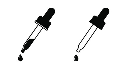 Simple black and white illustration of two dropper bottles with droplets